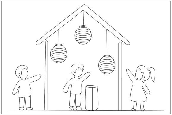 Kids Lantern Decoration Line Art for Graphics & Illustrations
